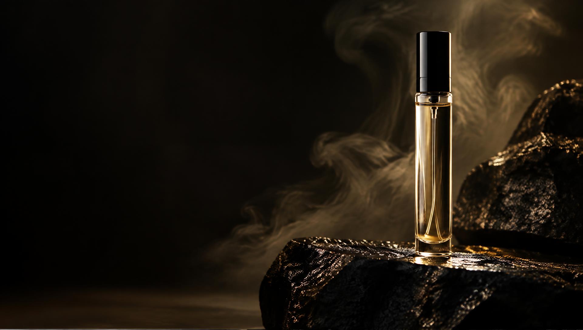 Decant de perfume sobre piedra negra